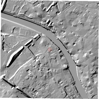 Shaded relief map of the ground around YO16JB, computed from Environment Agency LiDAR. The ground here sits at about 11 m above sea level and falls 20 m across the surrounding 800 m. Surface water reaching this point runs off ground lying to the south-south-west, 2.0 m higher.