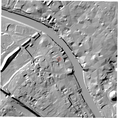 Shaded relief map of the ground around YO16JD, computed from Environment Agency LiDAR. The ground here sits at about 10 m above sea level and falls 20 m across the surrounding 800 m. Surface water reaching this point runs off ground lying to the south-south-west, 3.3 m higher.