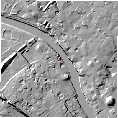 Shaded relief map of the ground around YO16JF, computed from Environment Agency LiDAR. The ground here sits at about 9 m above sea level and falls 20 m across the surrounding 800 m. Surface water reaching this point runs off ground lying to the south-west, 15.3 m higher.