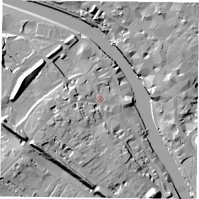 Shaded relief map of the ground around YO16JG, computed from Environment Agency LiDAR. The ground here sits at about 12 m above sea level and falls 20 m across the surrounding 800 m. Surface water reaching this point runs off ground lying to the west-south-west, 7.8 m higher.