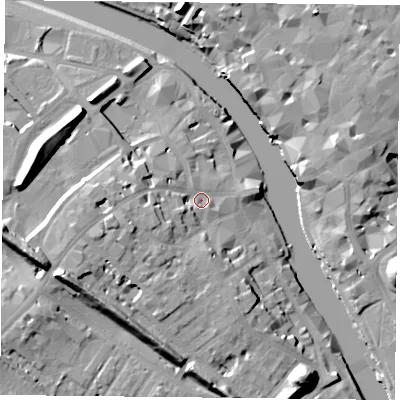 Shaded relief map of the ground around YO16JH, computed from Environment Agency LiDAR. The ground here sits at about 12 m above sea level and falls 20 m across the surrounding 800 m. Surface water reaching this point runs off ground lying to the west-south-west, 8.4 m higher.