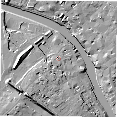 Shaded relief map of the ground around YO16JL, computed from Environment Agency LiDAR. The ground here sits at about 11 m above sea level and falls 20 m across the surrounding 800 m. Surface water reaching this point runs off ground lying to the south-west, 10.9 m higher.