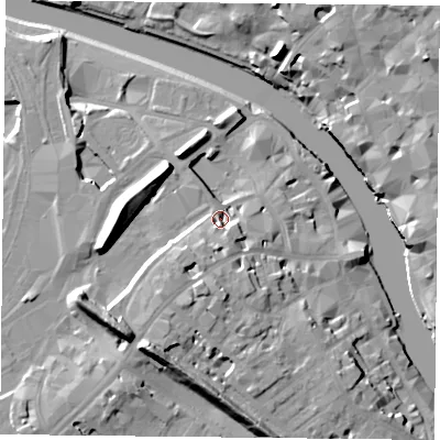Shaded relief map of the ground around YO16JP, computed from Environment Agency LiDAR. The ground here sits at about 14 m above sea level and falls 20 m across the surrounding 800 m. Surface water reaching this point runs off ground lying to the south-south-west, 6.3 m higher.
