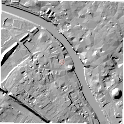 Shaded relief map of the ground around YO16JQ, computed from Environment Agency LiDAR. The ground here sits at about 10 m above sea level and falls 20 m across the surrounding 800 m. Surface water reaching this point runs off ground lying to the west-south-west, 3.1 m higher.