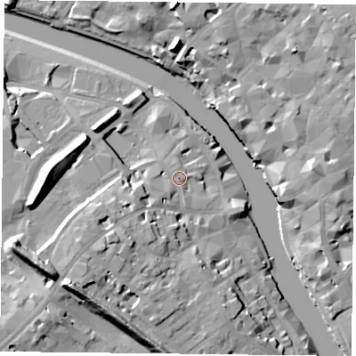 Shaded relief map of the ground around YO16LP, computed from Environment Agency LiDAR. The ground here sits at about 11 m above sea level and falls 20 m across the surrounding 800 m. Surface water reaching this point runs off ground lying to the south-west, 9.8 m higher.