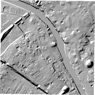 Shaded relief map of the ground around YO16WG, computed from Environment Agency LiDAR. The ground here sits at about 11 m above sea level and falls 20 m across the surrounding 800 m. Surface water reaching this point runs off ground lying to the west-south-west, 10.5 m higher.