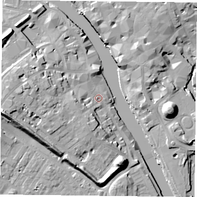 Shaded relief map of the ground around YO16WN, computed from Environment Agency LiDAR. The ground here sits at about 10 m above sea level and falls 20 m across the surrounding 800 m. Surface water reaching this point runs off ground lying to the west-south-west, 9.0 m higher.