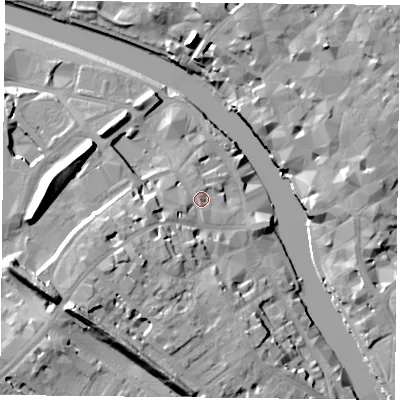 Shaded relief map of the ground around YO16WR, computed from Environment Agency LiDAR. The ground here sits at about 11 m above sea level and falls 20 m across the surrounding 800 m. Surface water reaching this point runs off ground lying to the south-west, 8.2 m higher.