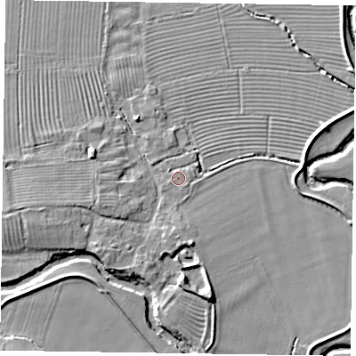 Shaded relief map of the ground around YO176AN, computed from Environment Agency LiDAR. The ground here sits at about 24 m above sea level and falls 7 m across the surrounding 800 m. Surface water reaching this point runs off ground lying to the south-east, 1.0 m higher.
