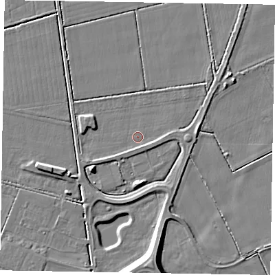 Shaded relief map of the ground around YO176AP, computed from Environment Agency LiDAR. The ground here sits at about 21 m above sea level and falls 9 m across the surrounding 800 m. Surface water reaching this point runs off ground lying to the south, 8.5 m higher.