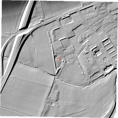 Shaded relief map of the ground around YO176AQ, computed from Environment Agency LiDAR. The ground here sits at about 22 m above sea level and falls 30 m across the surrounding 800 m. Surface water reaching this point runs off ground lying to the north-west, 4.0 m higher.