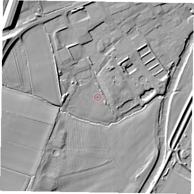 Shaded relief map of the ground around YO176AS, computed from Environment Agency LiDAR. The ground here sits at about 20 m above sea level and falls 21 m across the surrounding 800 m. Surface water reaching this point runs off ground lying to the north-west, 5.0 m higher.