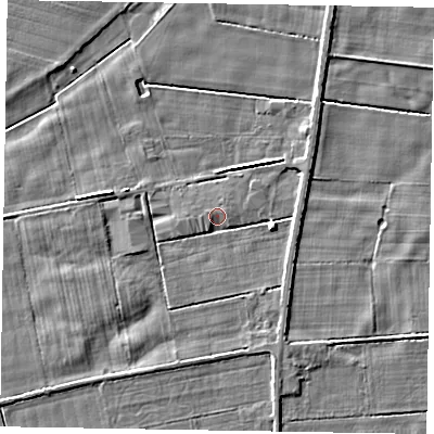Shaded relief map of the ground around YO176BG, computed from Environment Agency LiDAR. The ground here sits at about 22 m above sea level and falls 4 m across the surrounding 800 m. Surface water reaching this point runs off ground lying to the south-west, 1.6 m higher.