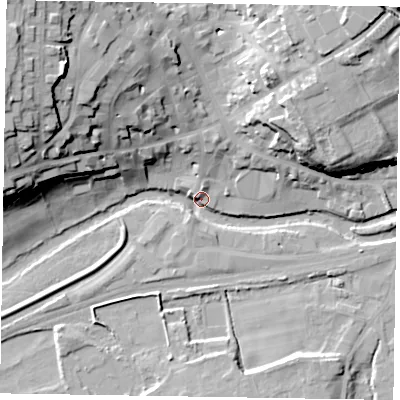 Shaded relief map of the ground around YO176NU, computed from Environment Agency LiDAR. The ground here sits at about 19 m above sea level and falls 33 m across the surrounding 800 m. Surface water reaching this point runs off ground lying to the north-west, 32.9 m higher.