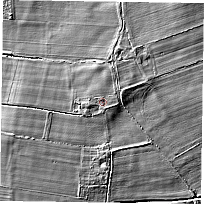 Shaded relief map of the ground around YO176PR, computed from Environment Agency LiDAR. The ground here sits at about 25 m above sea level and falls 4 m across the surrounding 800 m. Surface water reaching this point runs off ground lying to the east-south-east, 0.7 m higher.