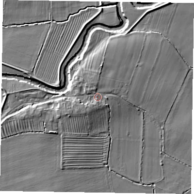 Shaded relief map of the ground around YO176PS, computed from Environment Agency LiDAR. The ground here sits at about 26 m above sea level and falls 6 m across the surrounding 800 m. Surface water reaching this point runs off ground lying to the north, 1.3 m higher.