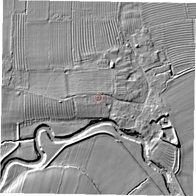 Shaded relief map of the ground around YO176PT, computed from Environment Agency LiDAR. The ground here sits at about 26 m above sea level and falls 7 m across the surrounding 800 m. Surface water reaching this point runs off ground lying to the west, 0.9 m higher.