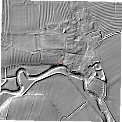 Shaded relief map of the ground around YO176PX, computed from Environment Agency LiDAR. The ground here sits at about 25 m above sea level and falls 7 m across the surrounding 800 m. Surface water reaching this point runs off ground lying to the west-north-west, 1.9 m higher.