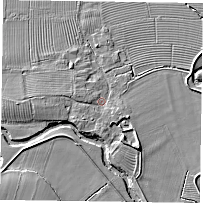 Shaded relief map of the ground around YO176PY, computed from Environment Agency LiDAR. The ground here sits at about 24 m above sea level and falls 7 m across the surrounding 800 m. Surface water reaching this point runs off ground lying to the south-east, 5.1 m higher.