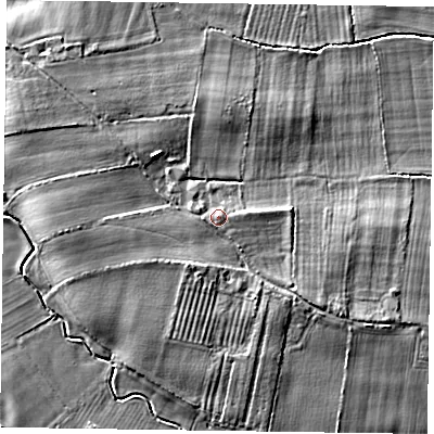 Shaded relief map of the ground around YO176QA, computed from Environment Agency LiDAR. The ground here sits at about 26 m above sea level and falls 5 m across the surrounding 800 m. Surface water reaching this point runs off ground lying to the west, 1.1 m higher.
