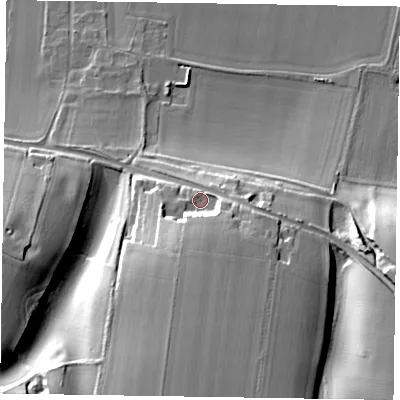 Shaded relief map of the ground around YO176QG, computed from Environment Agency LiDAR. The ground here sits at about 39 m above sea level and falls 29 m across the surrounding 800 m. Surface water reaching this point runs off ground lying to the south, 14.3 m higher.