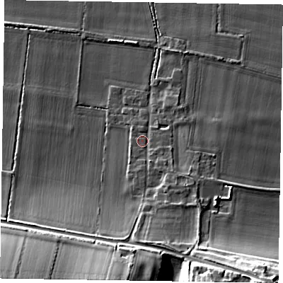 Shaded relief map of the ground around YO176QJ, computed from Environment Agency LiDAR. The ground here sits at about 26 m above sea level and falls 25 m across the surrounding 800 m. Surface water reaching this point runs off ground lying to the south-east, 18.3 m higher.