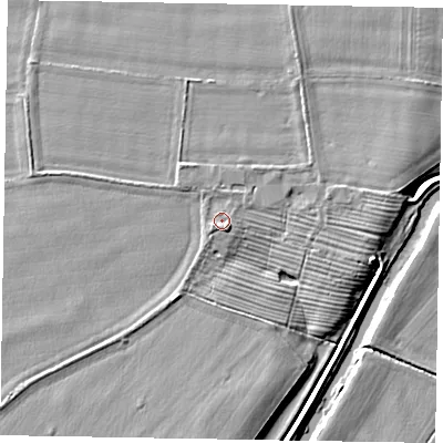 Shaded relief map of the ground around YO176RE, computed from Environment Agency LiDAR. The ground here sits at about 21 m above sea level and falls 5 m across the surrounding 800 m. Surface water reaching this point runs off ground lying to the south, 1.0 m higher.