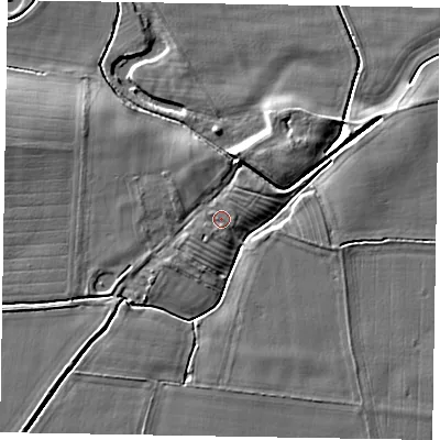 Shaded relief map of the ground around YO176RF, computed from Environment Agency LiDAR. The ground here sits at about 21 m above sea level and falls 6 m across the surrounding 800 m. Surface water reaching this point runs off ground lying to the south-west, 0.8 m higher.