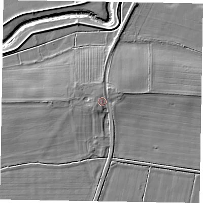 Shaded relief map of the ground around YO176RG, computed from Environment Agency LiDAR. The ground here sits at about 23 m above sea level and falls 8 m across the surrounding 800 m. Surface water reaching this point runs off ground lying to the west-south-west, 1.2 m higher.
