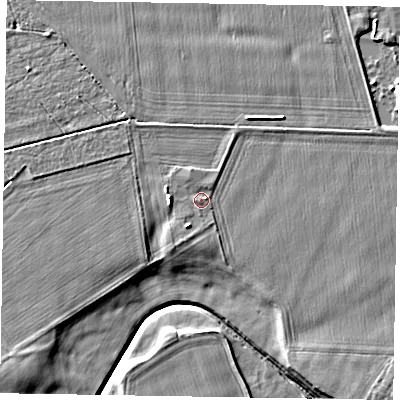 Shaded relief map of the ground around YO176RH, computed from Environment Agency LiDAR. The ground here sits at about 21 m above sea level and falls 6 m across the surrounding 800 m. Surface water reaching this point runs off ground lying to the north-north-east, 0.7 m higher.