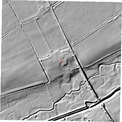 Shaded relief map of the ground around YO176RJ, computed from Environment Agency LiDAR. The ground here sits at about 22 m above sea level and falls 6 m across the surrounding 800 m. Surface water reaching this point runs off ground lying to the east-north-east, 0.6 m higher.