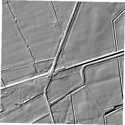 Shaded relief map of the ground around YO176RL, computed from Environment Agency LiDAR. The ground here sits at about 26 m above sea level and falls 6 m across the surrounding 800 m. Surface water reaching this point runs off ground lying to the south-west, 1.4 m higher.