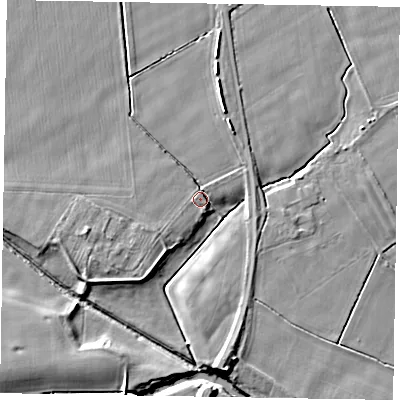 Shaded relief map of the ground around YO176RQ, computed from Environment Agency LiDAR. The ground here sits at about 21 m above sea level and falls 7 m across the surrounding 800 m. Surface water reaching this point runs off ground lying to the north-north-east, 3.6 m higher.