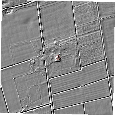 Shaded relief map of the ground around YO176RT, computed from Environment Agency LiDAR. The ground here sits at about 23 m above sea level and falls 3 m across the surrounding 800 m. Surface water reaching this point runs off ground lying to the north-east, 1.8 m higher.