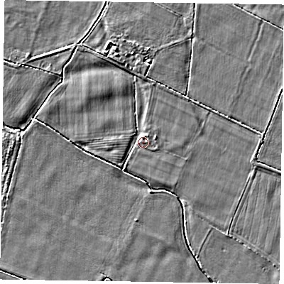 Shaded relief map of the ground around YO176RU, computed from Environment Agency LiDAR. The ground here sits at about 22 m above sea level and falls 4 m across the surrounding 800 m. Surface water reaching this point runs off ground lying to the north-north-west, 1.7 m higher.