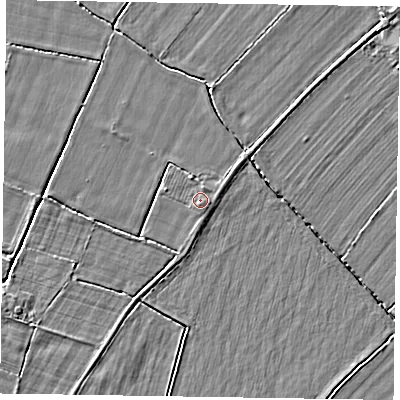 Shaded relief map of the ground around YO176RX, computed from Environment Agency LiDAR. The ground here sits at about 23 m above sea level and falls 3 m across the surrounding 800 m. The ground contributing surface water to this point lies to the south-east.
