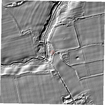 Shaded relief map of the ground around YO176RZ, computed from Environment Agency LiDAR. The ground here sits at about 20 m above sea level and falls 4 m across the surrounding 800 m. Surface water reaching this point runs off ground lying to the east-south-east, 1.3 m higher.