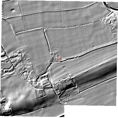 Shaded relief map of the ground around YO176SA, computed from Environment Agency LiDAR. The ground here sits at about 21 m above sea level and falls 7 m across the surrounding 800 m. Surface water reaching this point runs off ground lying to the south-south-east, 2.4 m higher.