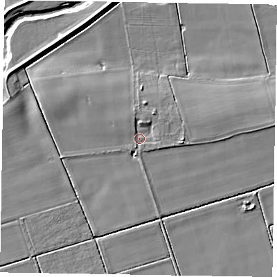 Shaded relief map of the ground around YO176SB, computed from Environment Agency LiDAR. The ground here sits at about 22 m above sea level and falls 6 m across the surrounding 800 m. Surface water reaching this point runs off ground lying to the east, 2.3 m higher.