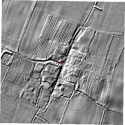 Shaded relief map of the ground around YO176TU, computed from Environment Agency LiDAR. The ground here sits at about 24 m above sea level and falls 7 m across the surrounding 800 m. Surface water reaching this point runs off ground lying to the east-south-east, 2.9 m higher.