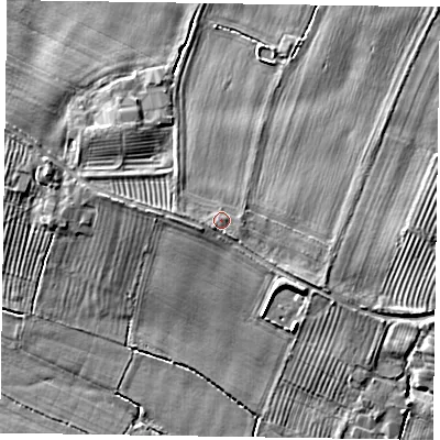 Shaded relief map of the ground around YO176TY, computed from Environment Agency LiDAR. The ground here sits at about 25 m above sea level and falls 6 m across the surrounding 800 m. Surface water reaching this point runs off ground lying to the south-south-east, 0.6 m higher.