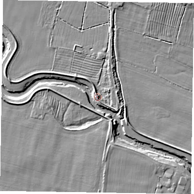 Shaded relief map of the ground around YO176TZ, computed from Environment Agency LiDAR. The ground here sits at about 24 m above sea level and falls 6 m across the surrounding 800 m. Surface water reaching this point runs off ground lying to the south-south-east, 4.3 m higher.