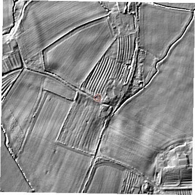 Shaded relief map of the ground around YO176UA, computed from Environment Agency LiDAR. The ground here sits at about 25 m above sea level and falls 5 m across the surrounding 800 m. Surface water reaching this point runs off ground lying to the west-north-west, 0.8 m higher.