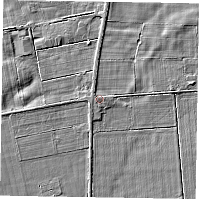 Shaded relief map of the ground around YO176UE, computed from Environment Agency LiDAR. The ground here sits at about 22 m above sea level and falls 3 m across the surrounding 800 m. Surface water reaching this point runs off ground lying to the west, 0.5 m higher.