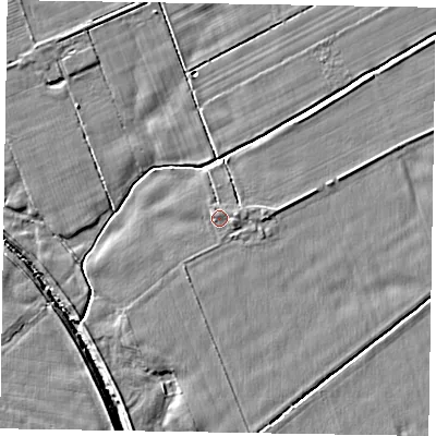 Shaded relief map of the ground around YO176UG, computed from Environment Agency LiDAR. The ground here sits at about 22 m above sea level and falls 4 m across the surrounding 800 m. Surface water reaching this point runs off ground lying to the north, 0.6 m higher.