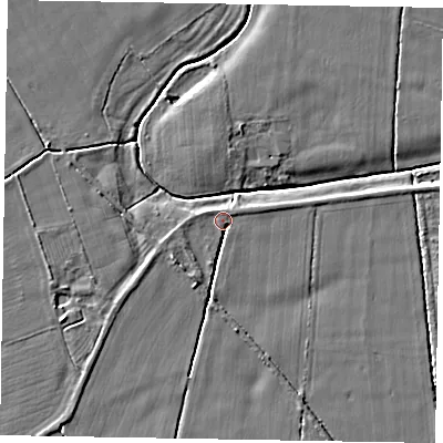 Shaded relief map of the ground around YO176UH, computed from Environment Agency LiDAR. The ground here sits at about 21 m above sea level and falls 4 m across the surrounding 800 m. Surface water reaching this point runs off ground lying to the south-west, 1.8 m higher.