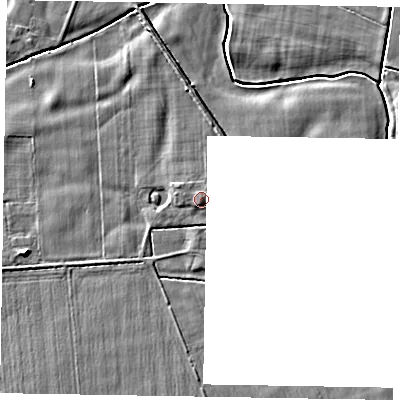 Shaded relief map of the ground around YO176UL, computed from Environment Agency LiDAR. The ground here sits at about 22 m above sea level and falls 4 m across the surrounding 800 m. The ground contributing surface water to this point lies to the west-north-west.
