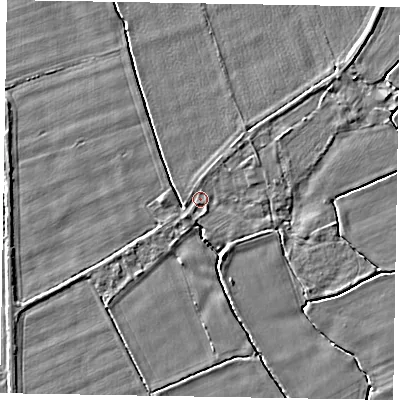 Shaded relief map of the ground around YO176UQ, computed from Environment Agency LiDAR. The ground here sits at about 21 m above sea level and falls 3 m across the surrounding 800 m. Surface water reaching this point runs off ground lying to the south-south-east, 0.7 m higher.