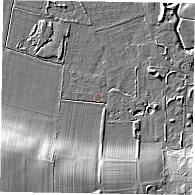 Shaded relief map of the ground around YO176UU, computed from Environment Agency LiDAR. The ground here sits at about 23 m above sea level and falls 23 m across the surrounding 800 m. Surface water reaching this point runs off ground lying to the south-west, 2.7 m higher.