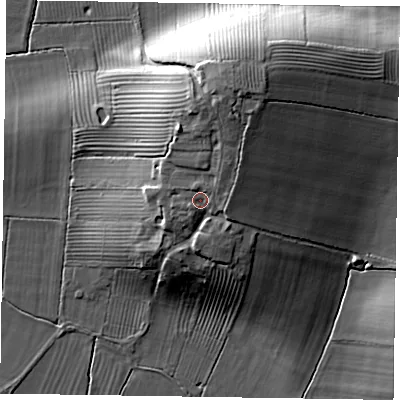 Shaded relief map of the ground around YO176UY, computed from Environment Agency LiDAR. The ground here sits at about 35 m above sea level and falls 19 m across the surrounding 800 m. Surface water reaching this point runs off ground lying to the north-north-east, 3.1 m higher.